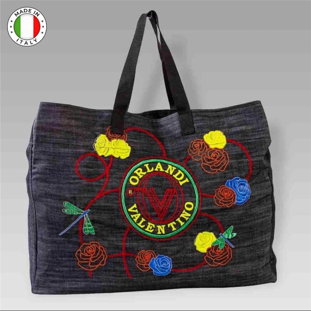 Valentino Orlandi Designer Embroidered Denim Purse Beach Tote Shoulder Bag